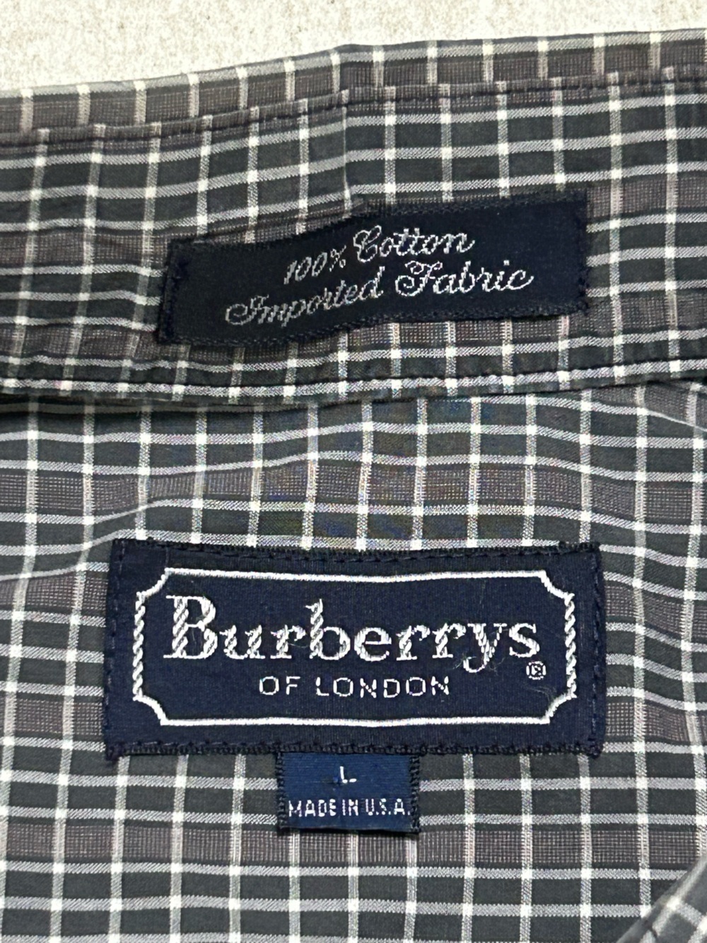 VINTAGE BURBERRY DARK GREY PLAID BUTTON DOWN SHIRT MENS LARGE EXCELLENT COND - Picture 5 of 11